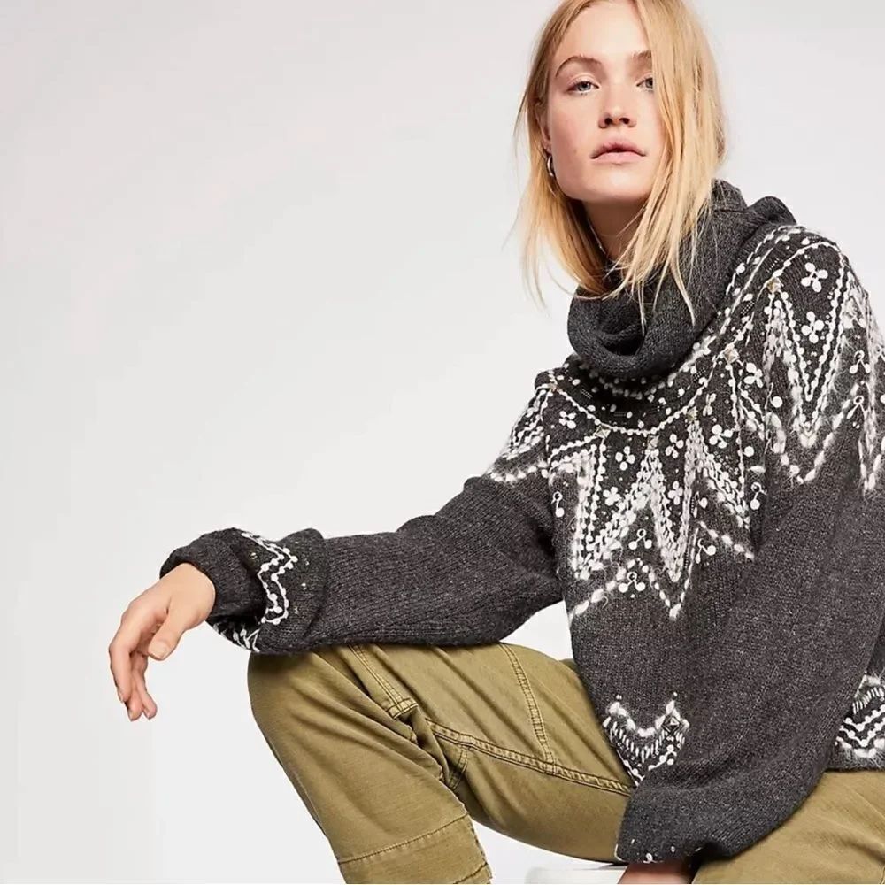Free People Treasure Beaded Sequin Embroidered Fair Isle Turtleneck Sweater